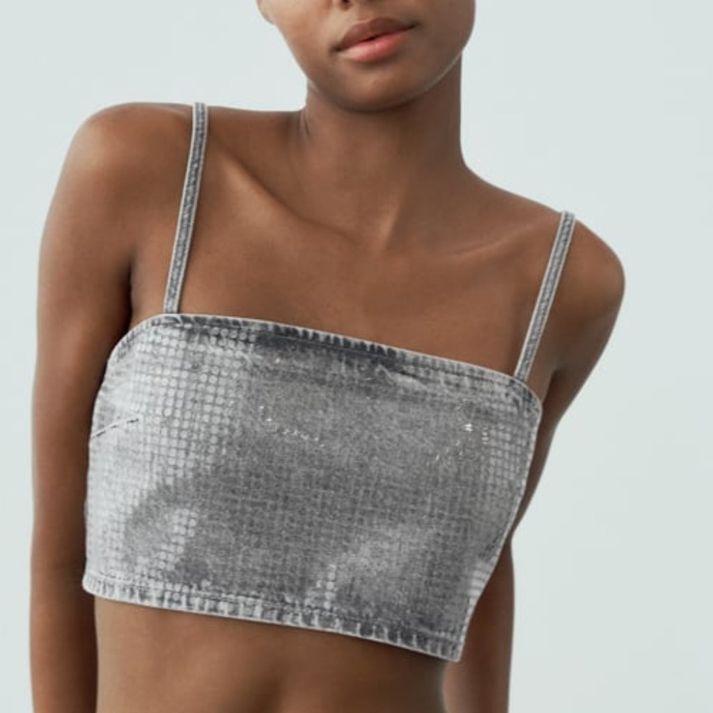 Nwt Trf Denim Crop Foil Sequin Gray Jean Top